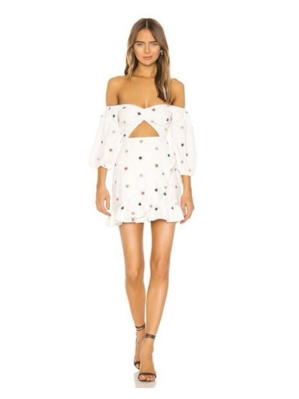 MAJORELLE White Off-Shoulder Mini Dress with Star Embroidery